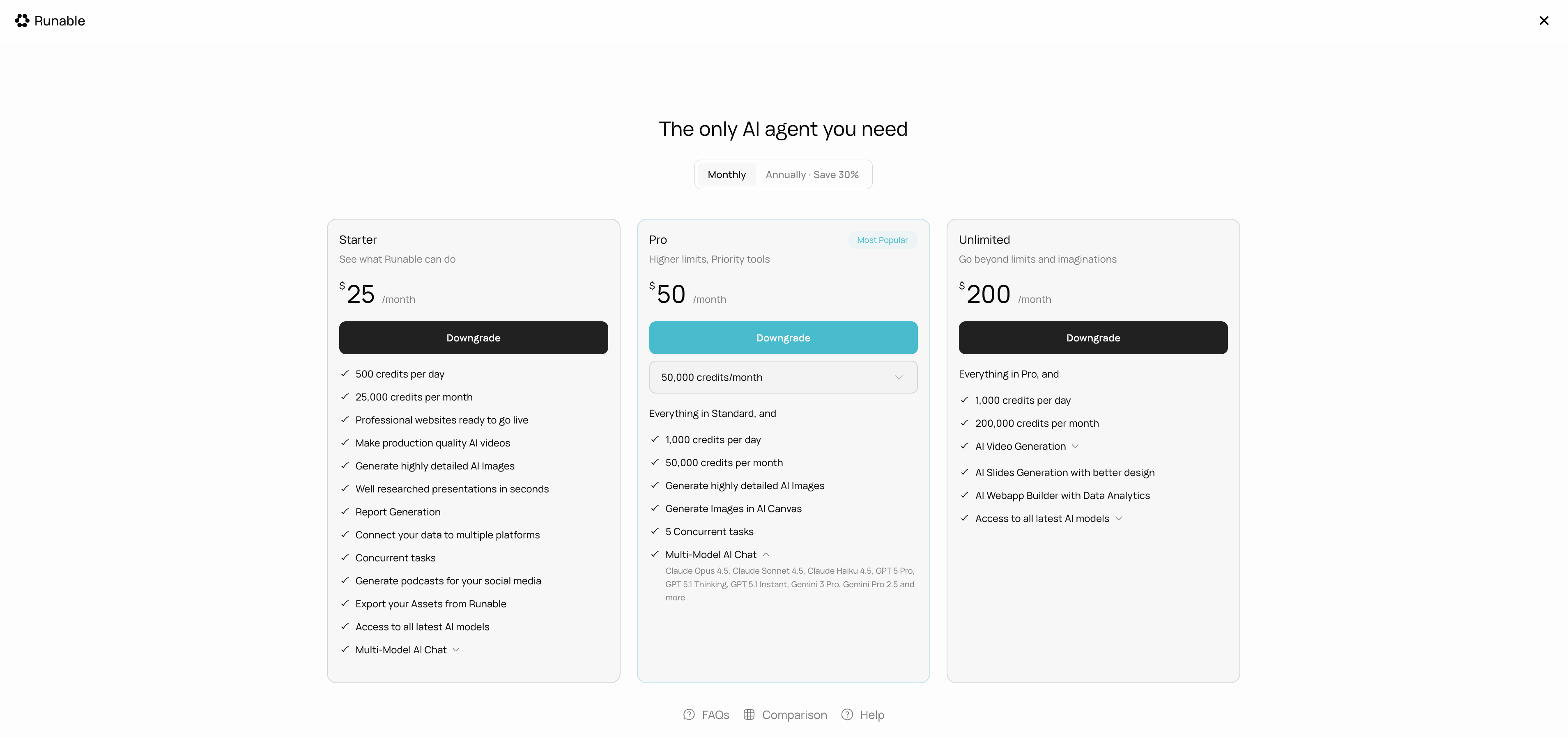 Runable pricing page with Starter, Pro, and Unlimited plans displayed side by side