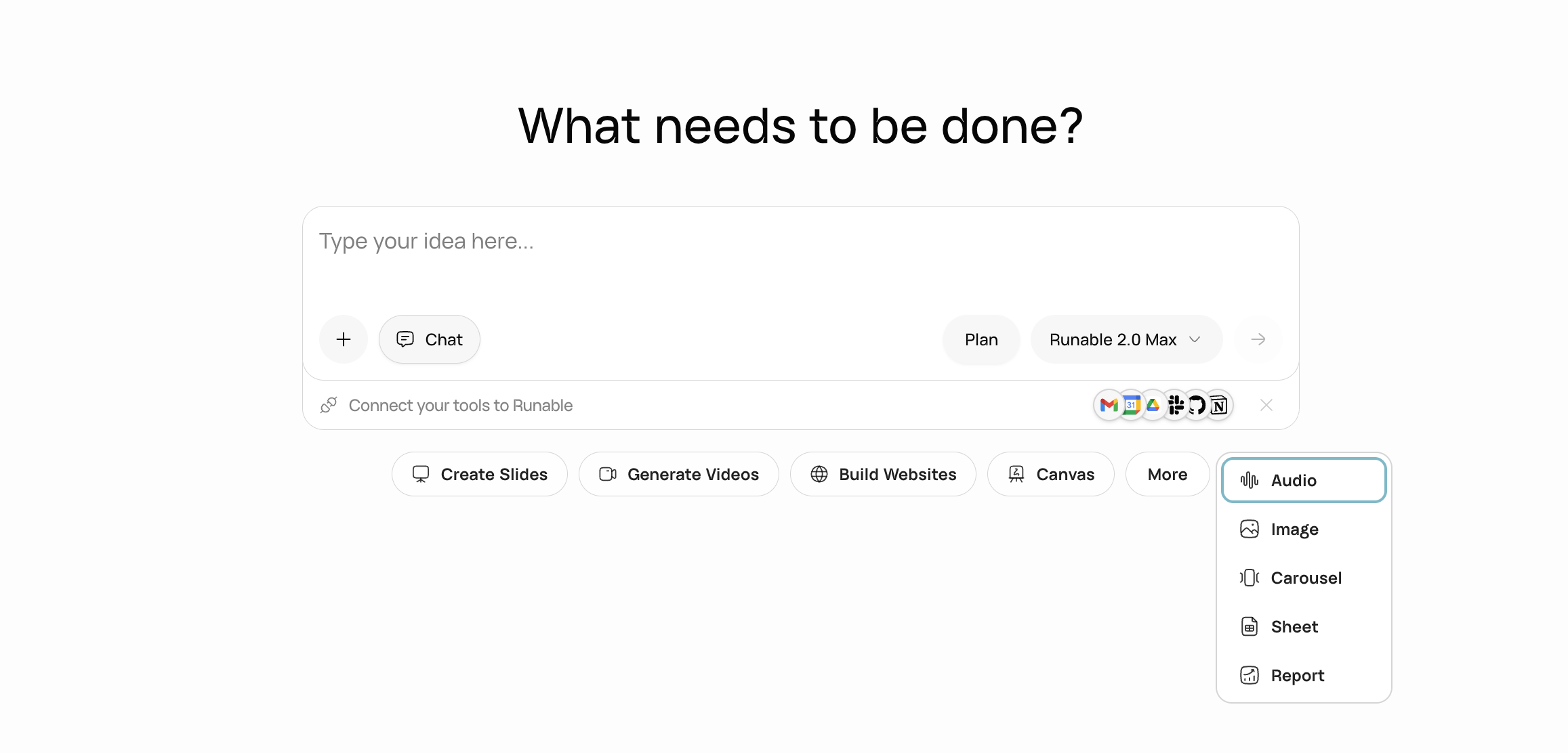 Runable home dashboard showing the central input bar, artifact type shortcuts below it, and model selector
